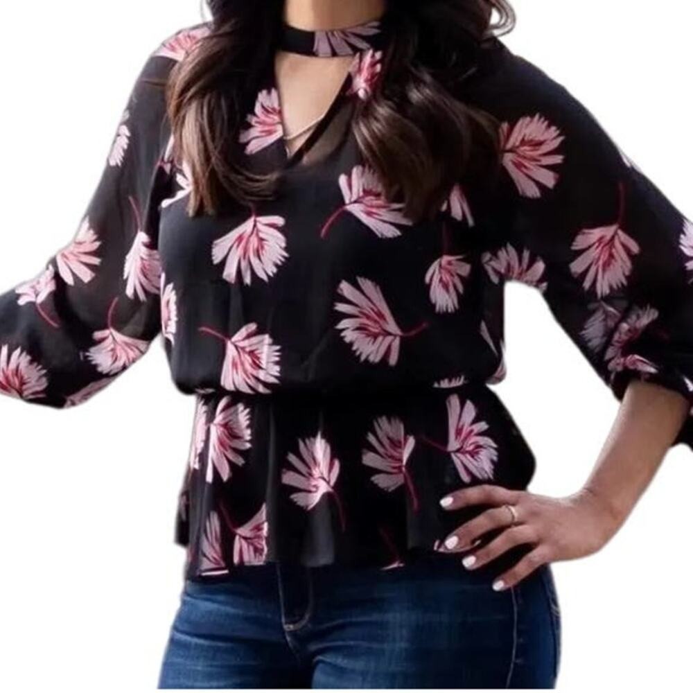 Express Womens XS Black Pink Floral Mock Neck Keyhole Peplum Blouse Long Sleeve